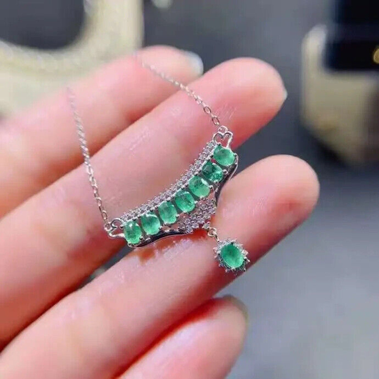 Natural Emerald Tree of Life Statement Necklace, Emerald Chain Necklace