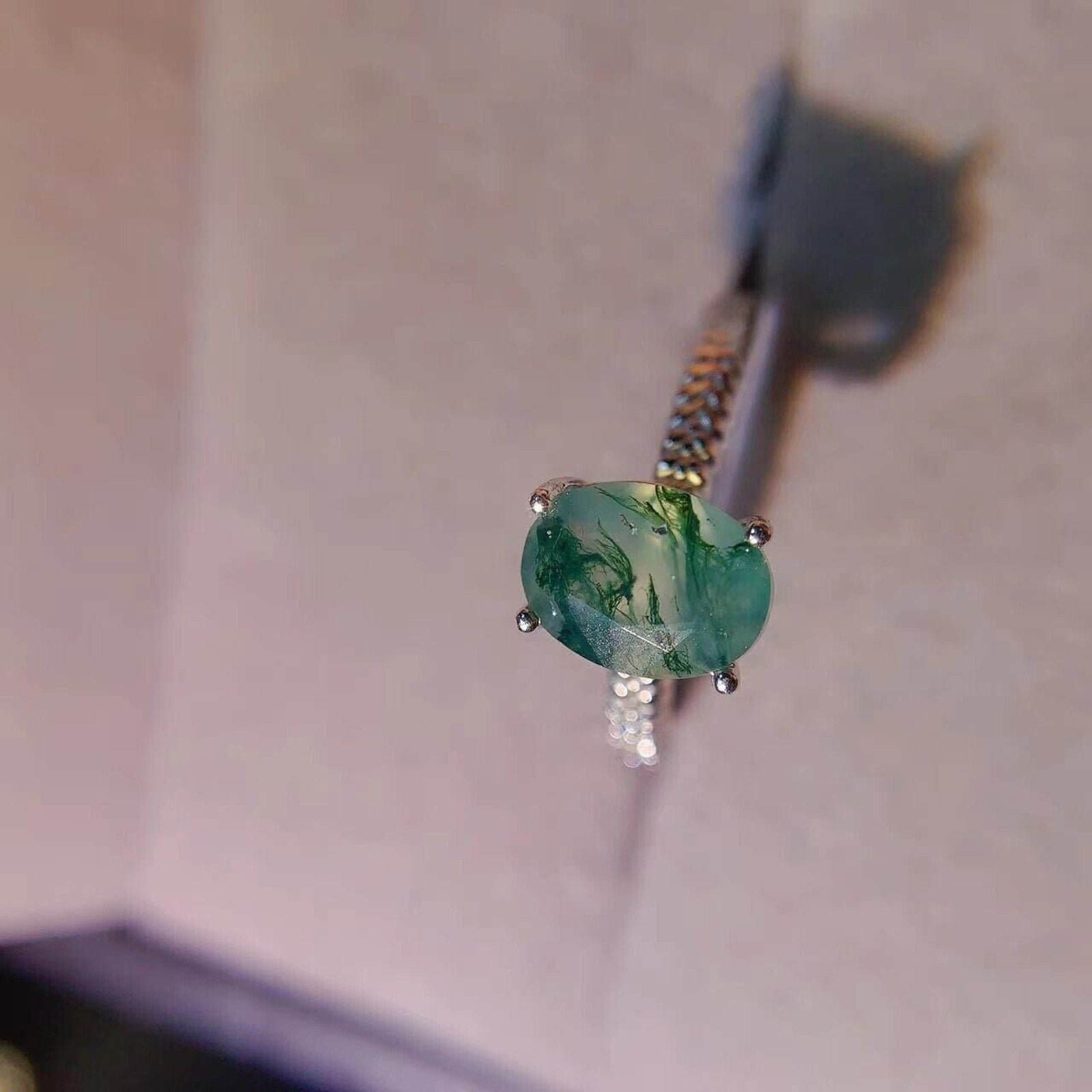 Moss Agate Cocktail Ring 6x8mm 925 Sterling Silver