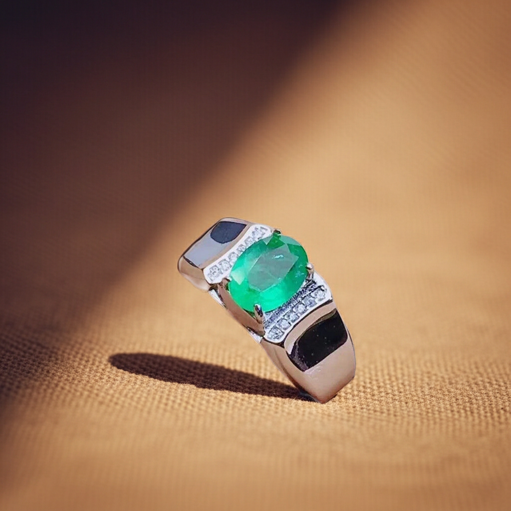 Men's Emerald Ring, Natural Emerald Gemstone Ring for Men 5x7mm Sterling Silver
