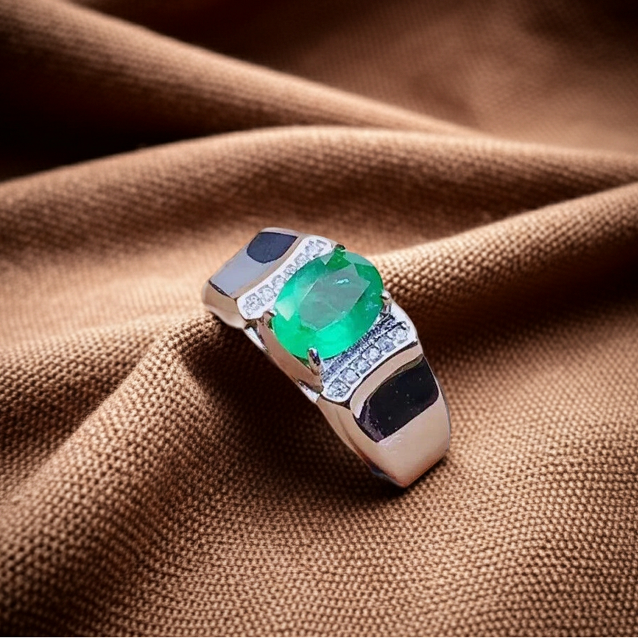 Men's Emerald Ring, Natural Emerald Gemstone Ring for Men 5x7mm Sterling Silver