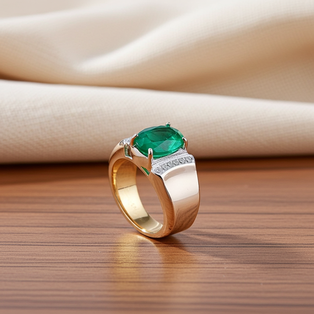 Men's Emerald Ring, Natural Emerald Gemstone Ring for Men 5x7mm Sterling Silver