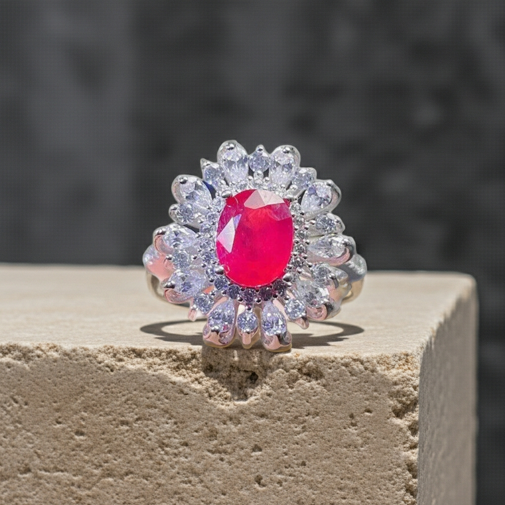 Burma Ruby Cluster Ring 6x8mm Platinum Plated