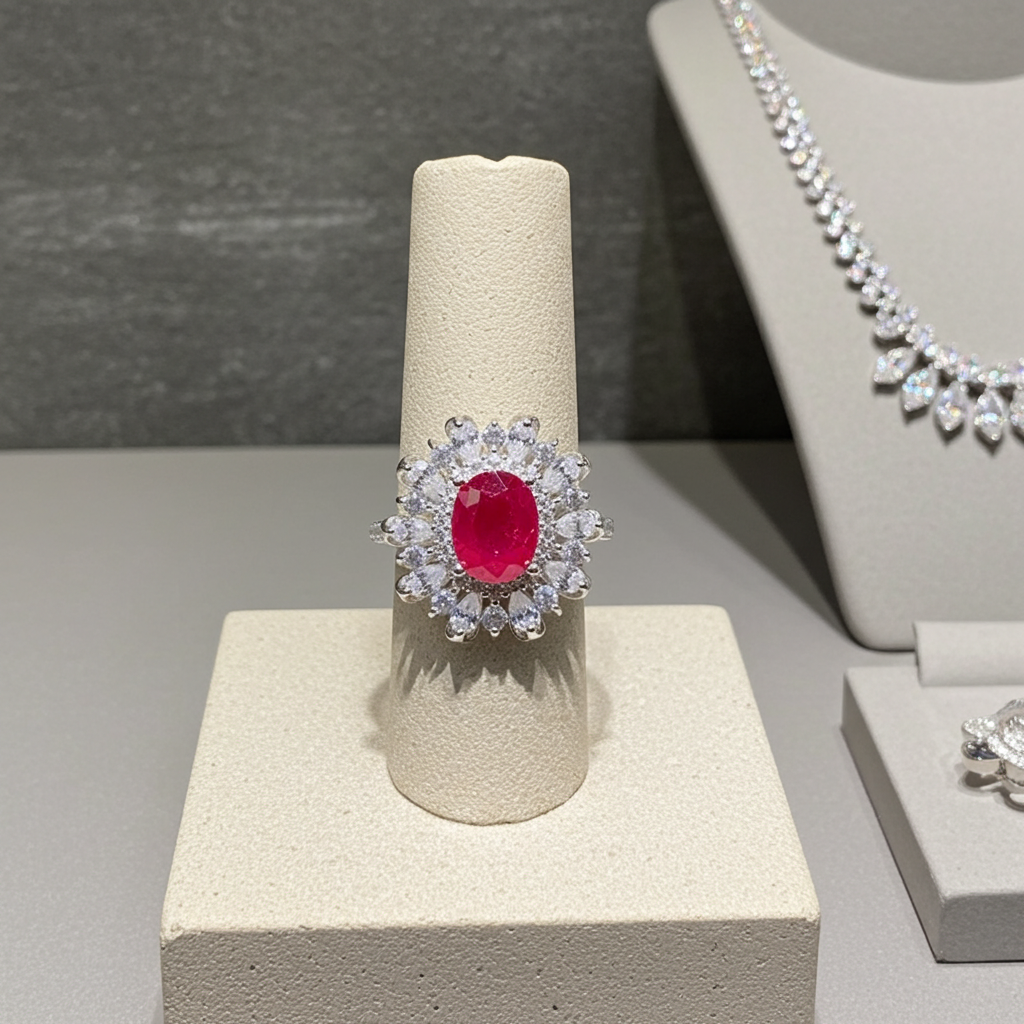 Burma Ruby Cluster Ring 6x8mm Platinum Plated