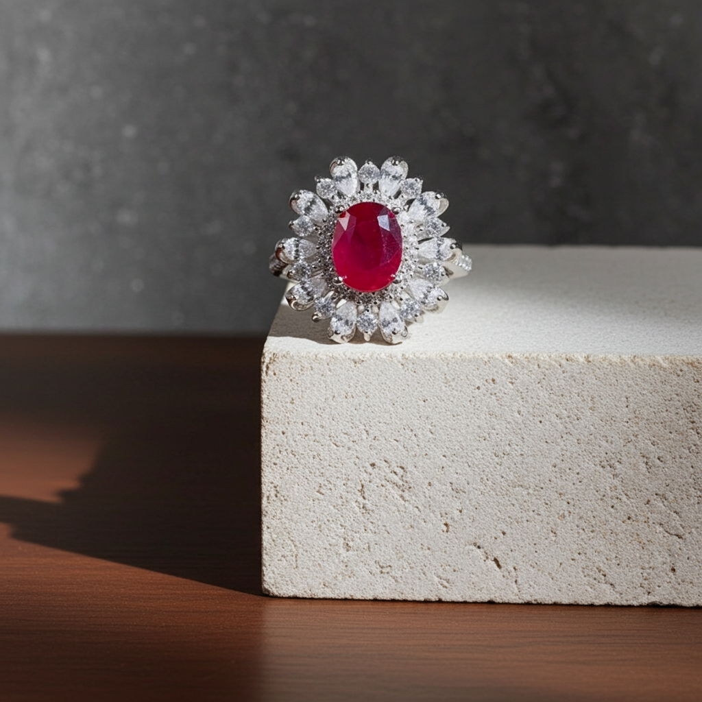 Burma Ruby Cluster Ring 6x8mm Platinum Plated