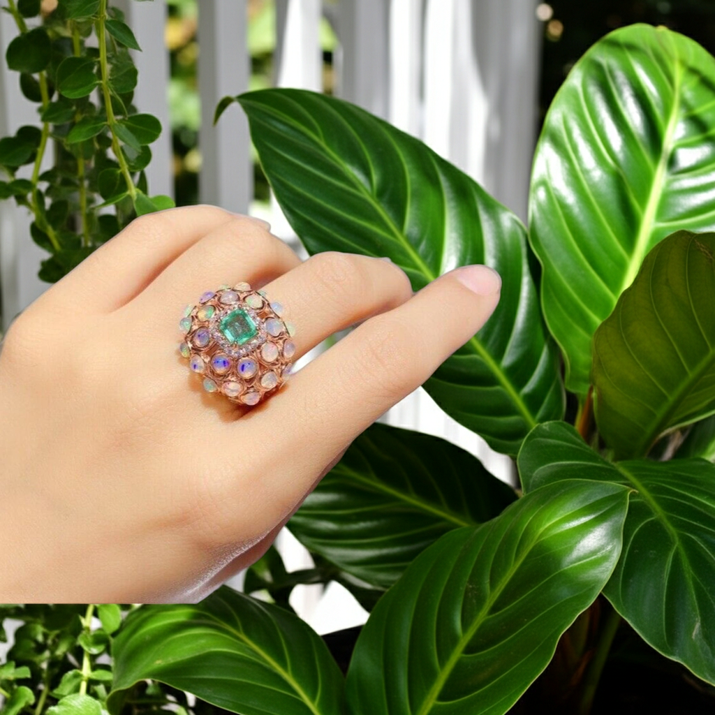 Fire Opal and Colombian Emerald Gemstone Statement Ring