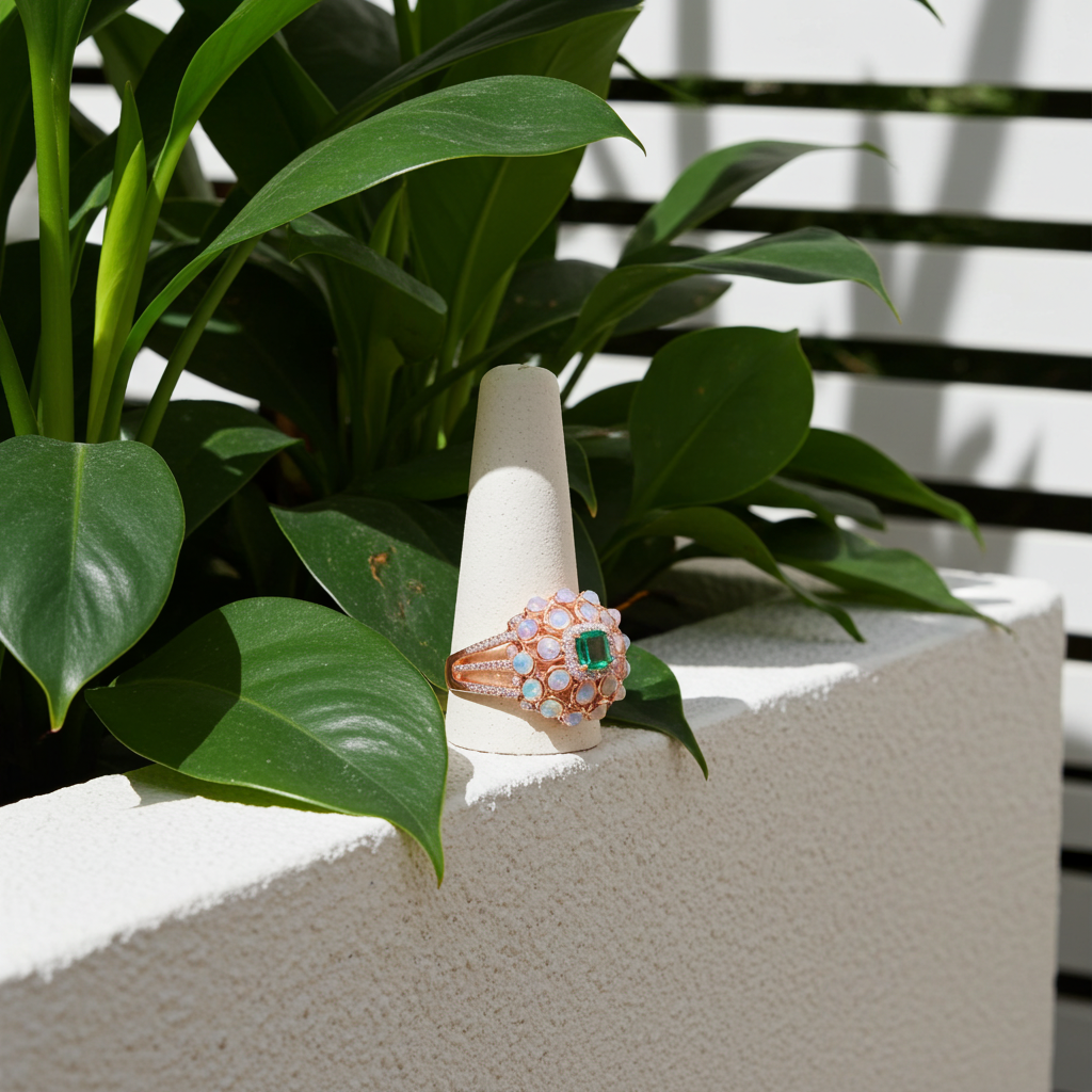 Fire Opal and Colombian Emerald Gemstone Statement Ring