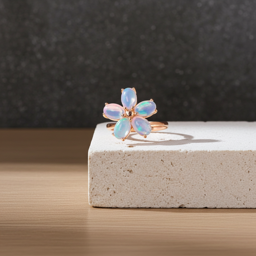 Australian Fire Opal Flower Ring 4x6mm 925 Sterling Silver