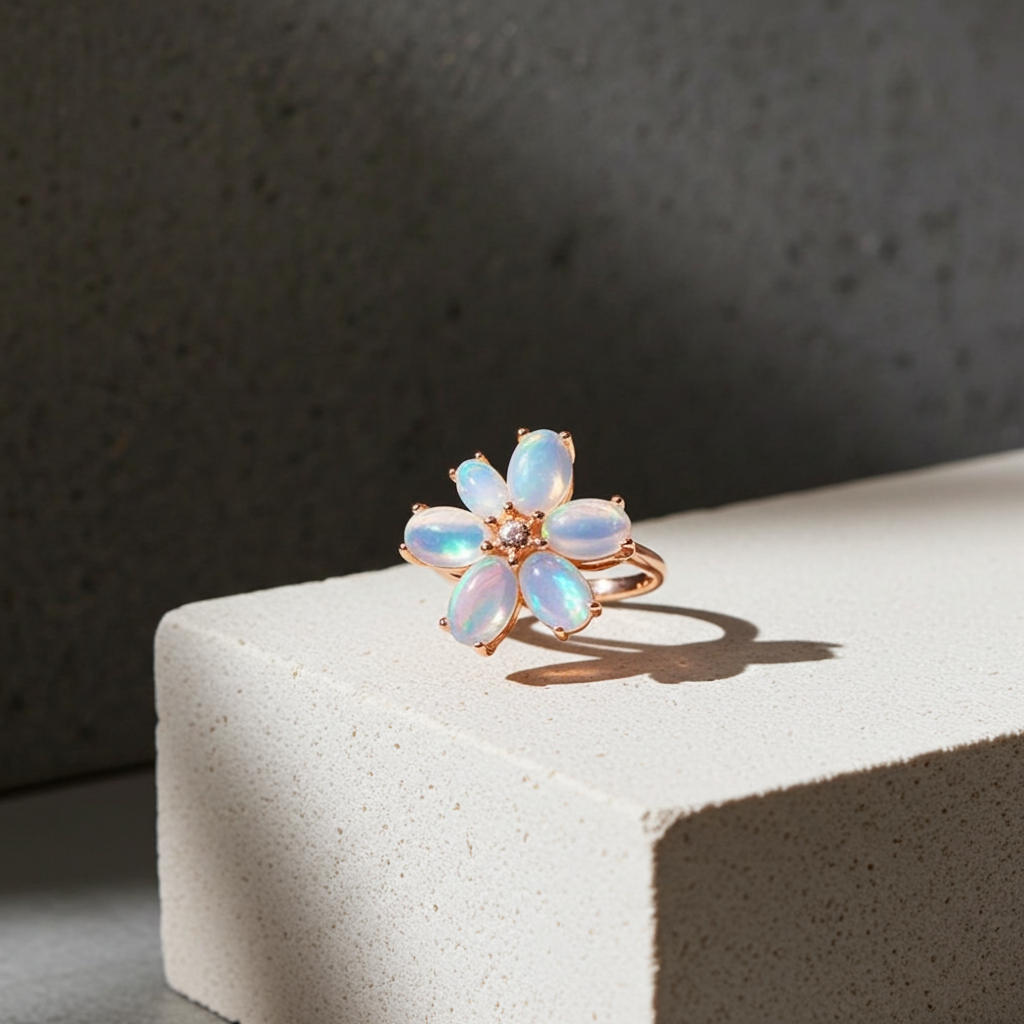 Australian Fire Opal Flower Ring 4x6mm 925 Sterling Silver