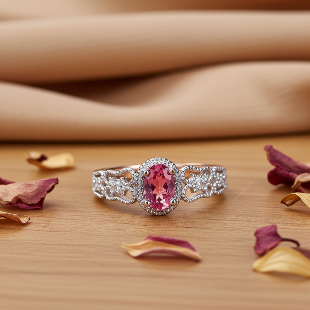 Dainty Pink Tourmaline Gemstone Ring 4x6mm Platinum Plated