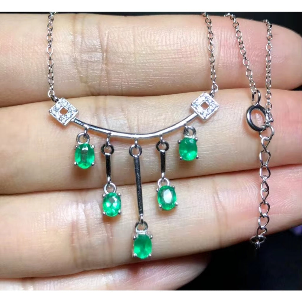 Dainty Emerald Charm Necklace, Natural Emerald Necklace Sterling Silver 3x4mm