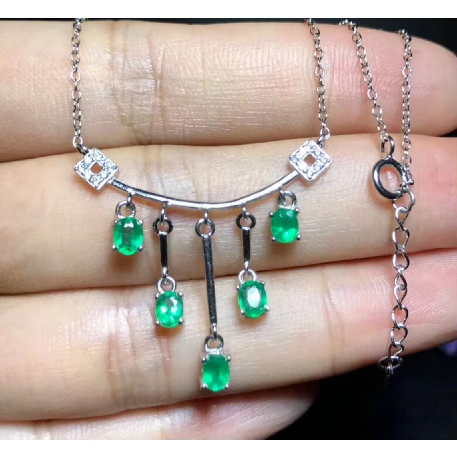 Dainty Emerald Charm Necklace, Natural Emerald Necklace Sterling Silver 3x4mm