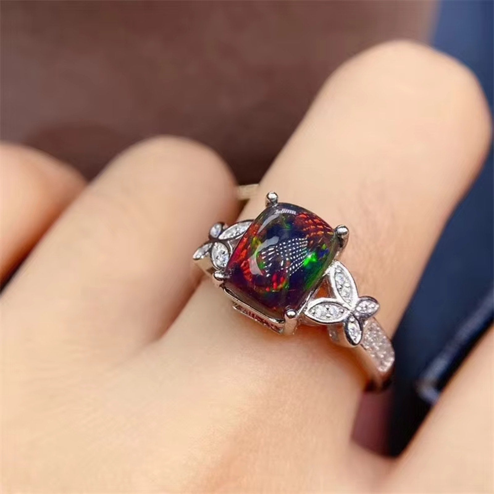 Natural Black Opal Ring, Australian Fire Opal Statement Ring Sterling Silver