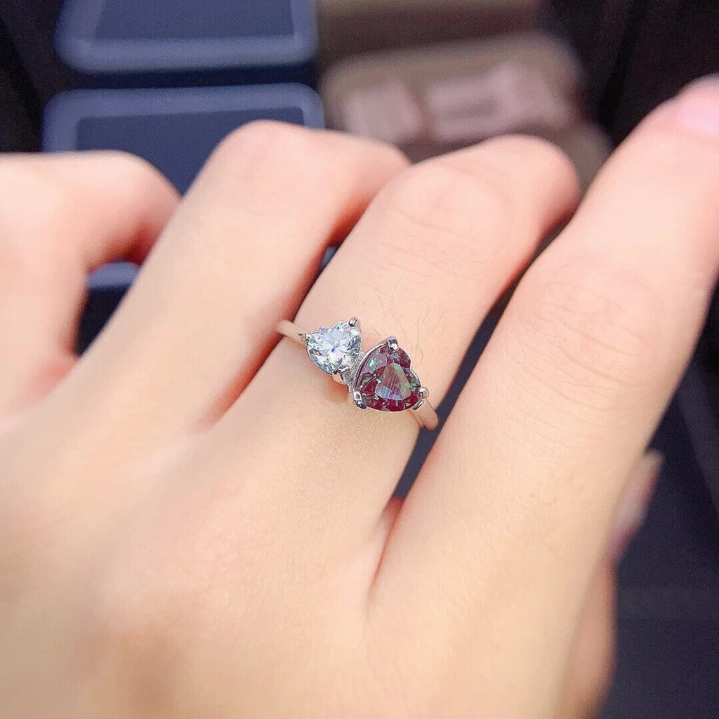 Lab Alexandrite Gemstone Heart Ring with Moissanite Heart