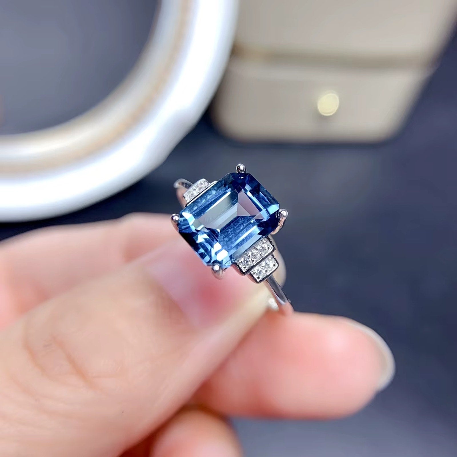 Emerald Cut London Blue Topaz Ring 925 Sterling Silver, London Blue Topaz 7x9mm