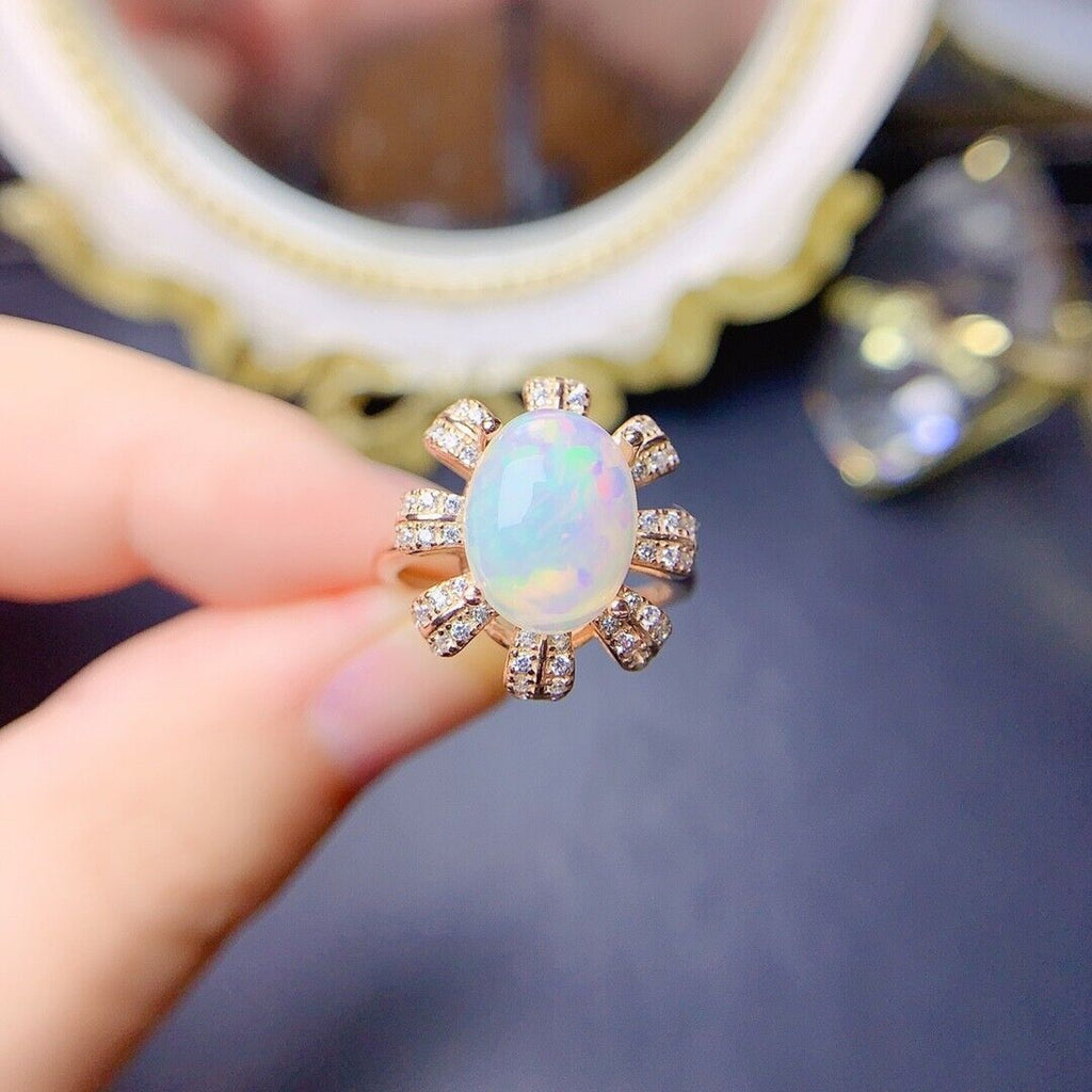Natural White Opal Cocktail Ring 9x11mm, Colorful Opal Ring 925 Sterling Silver