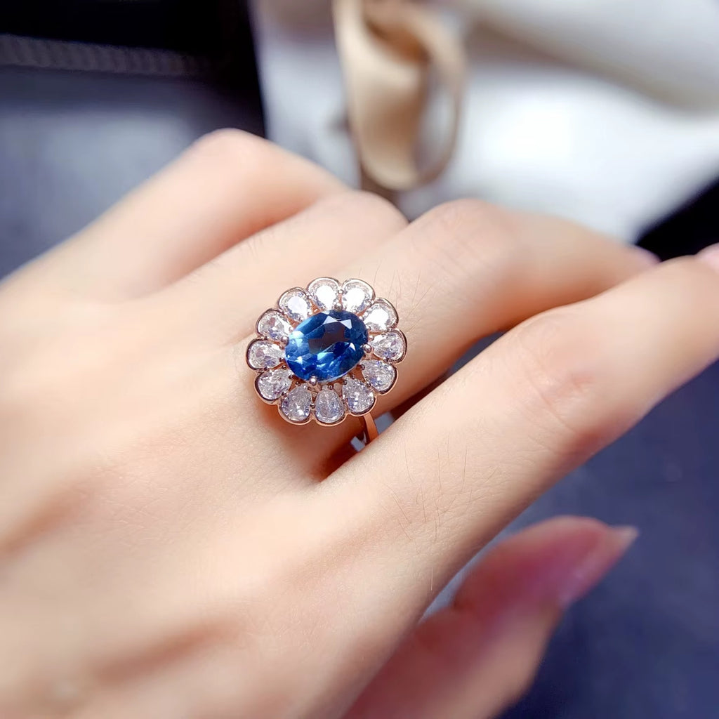 1.25 CT Oval Cut London Blue Topaz Halo Engagement Ring 925 Sterling Silver