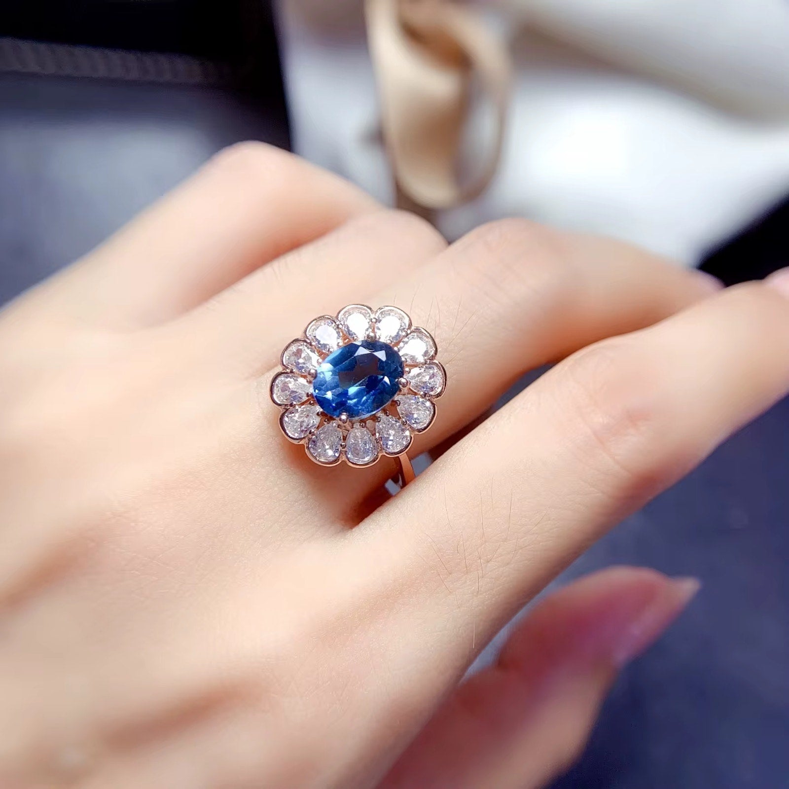 1.25 CT Oval Cut London Blue Topaz Halo Engagement Ring 925 Sterling Silver