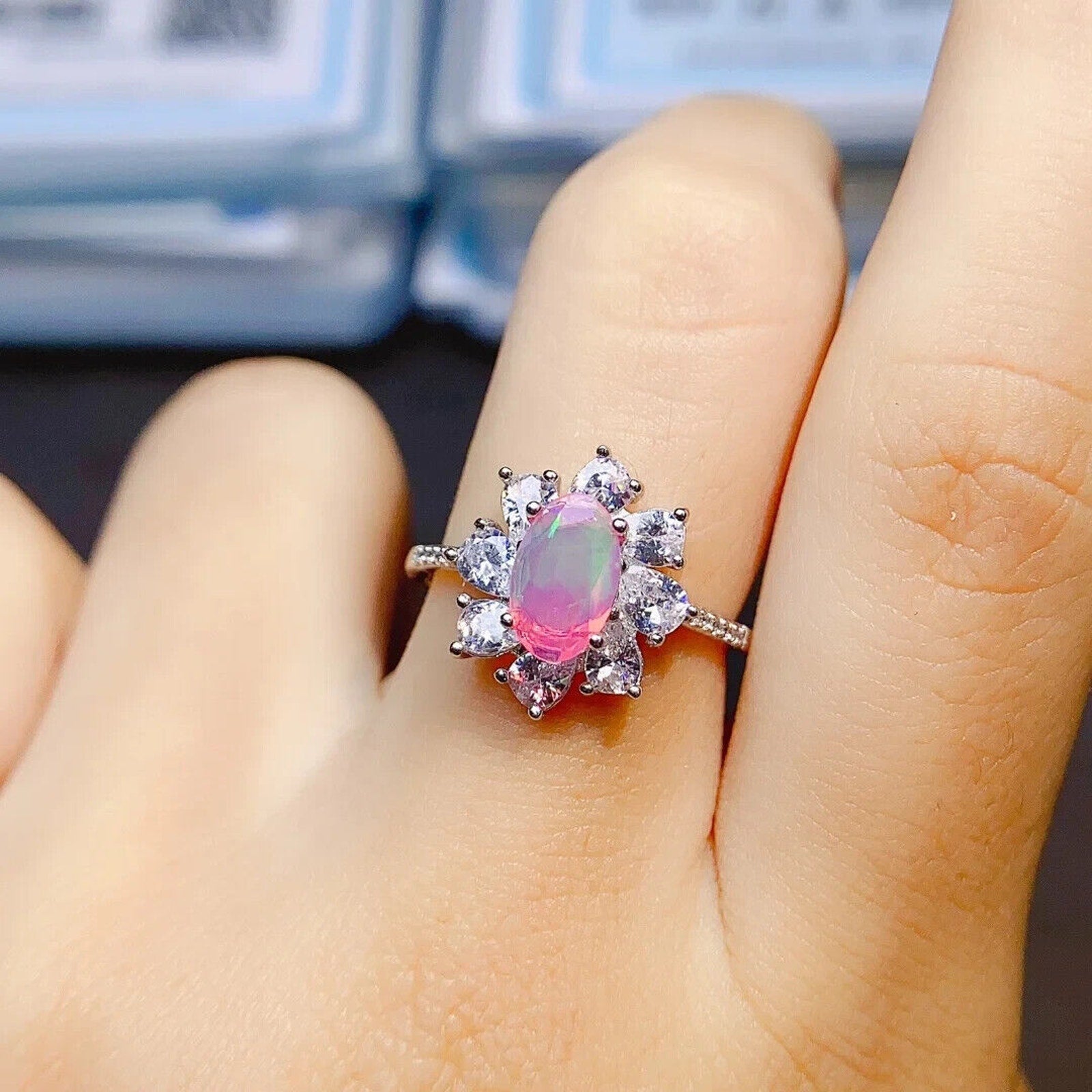 Pink Fire Opal Cluster Ring 5x8mm, Natural Pink Fire Opal Ring 925 Sterling