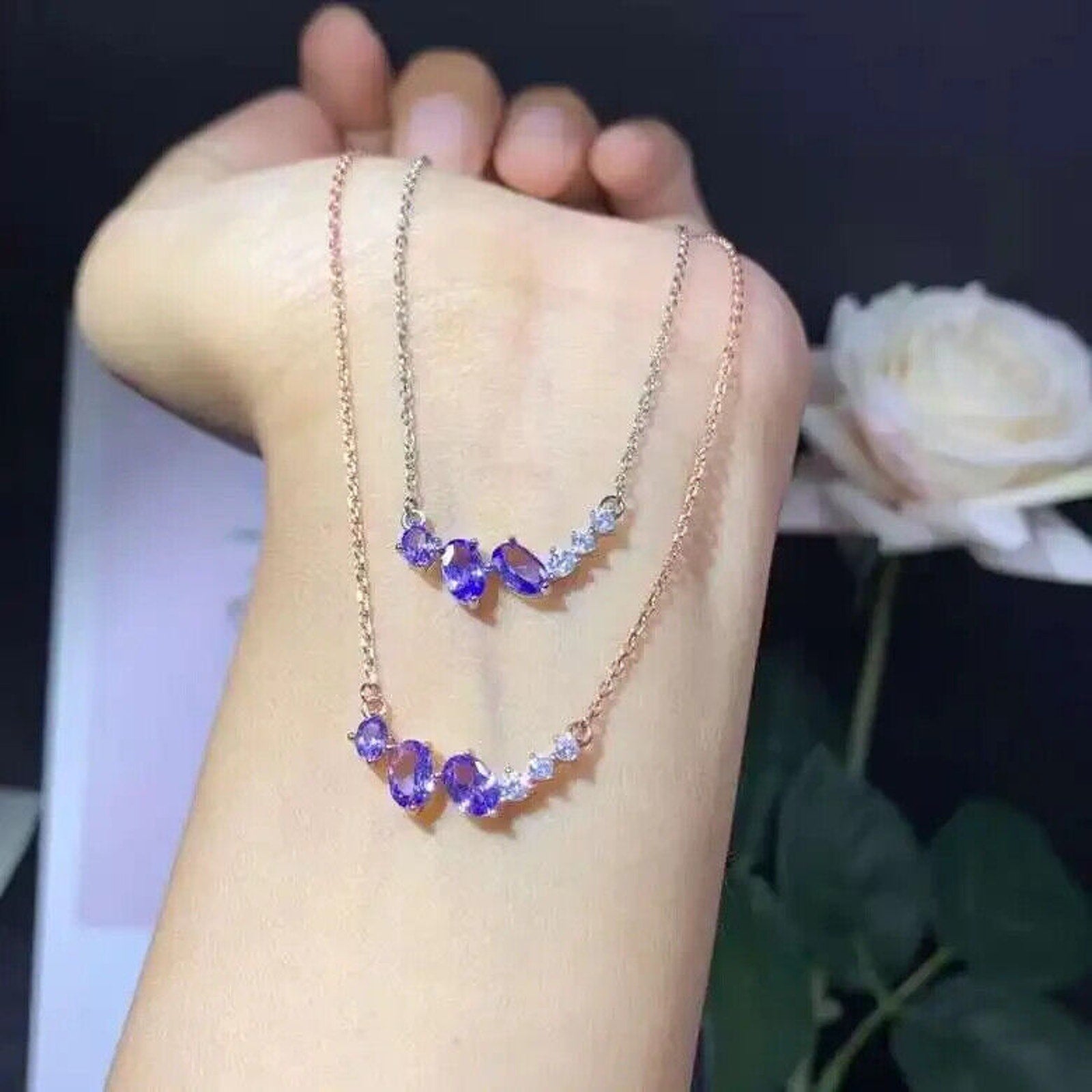 VVS1 Purple Tanzanite Clavicle Chain Necklace, Dainty Tanzanite Chain Necklace