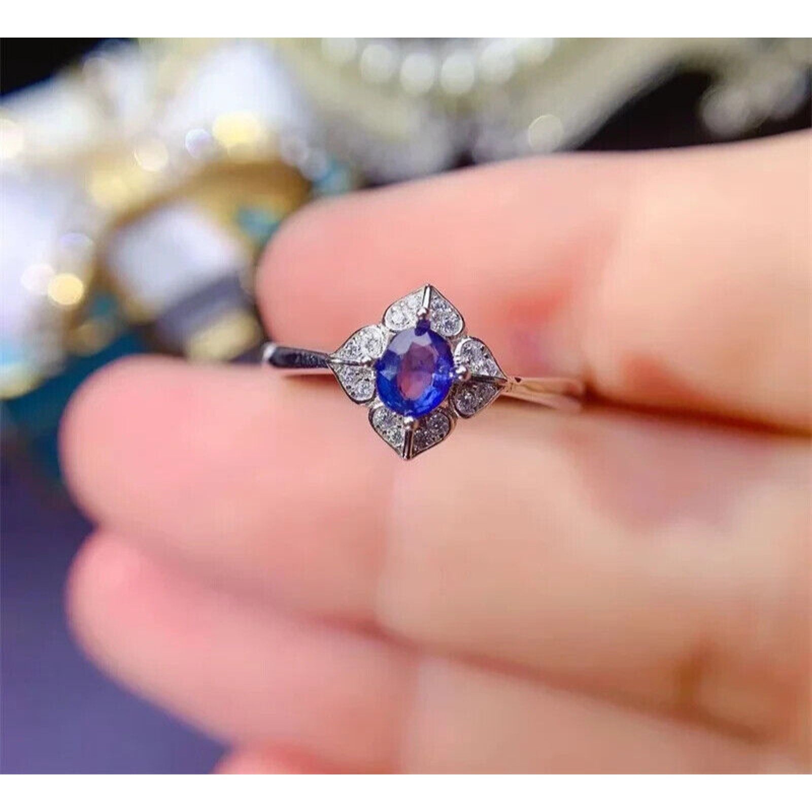 Natural Sapphire Cocktail Ring, Bright Blue Sapphire Ring 925 Sterling Silver