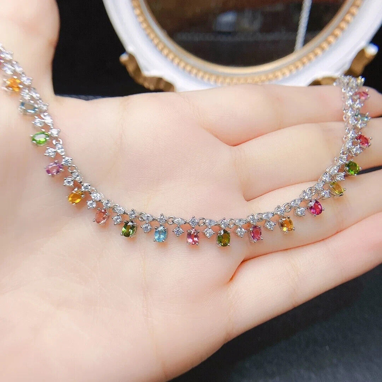 Natural Tourmaline Dainty Charm Necklace, Multicolor Brazilian Tourmaline 3x4mm