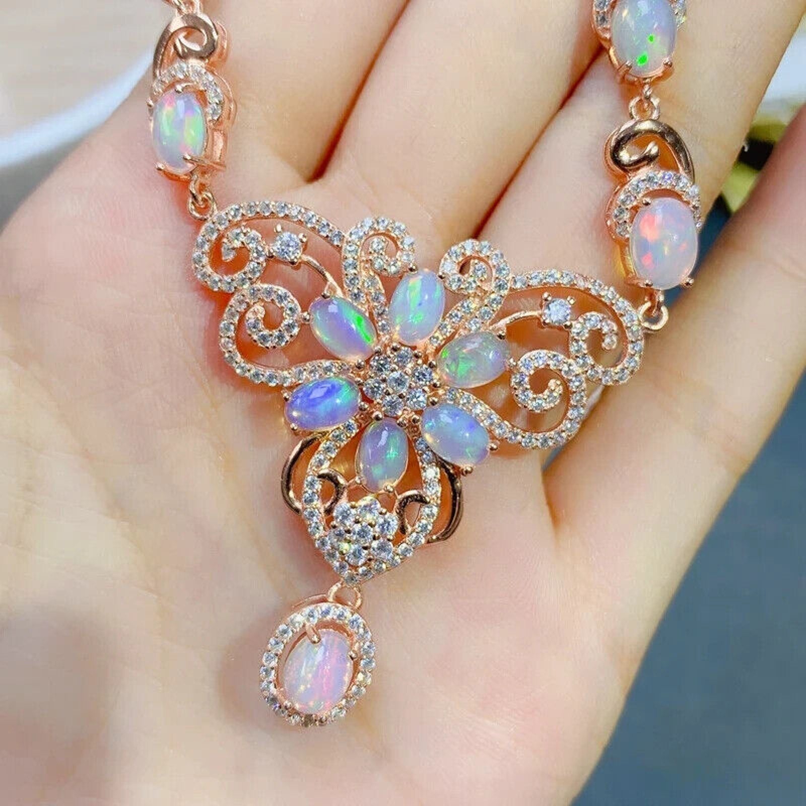 Natural Fire Opal Statement Necklace, Colorful Fire Opal Flower Necklace