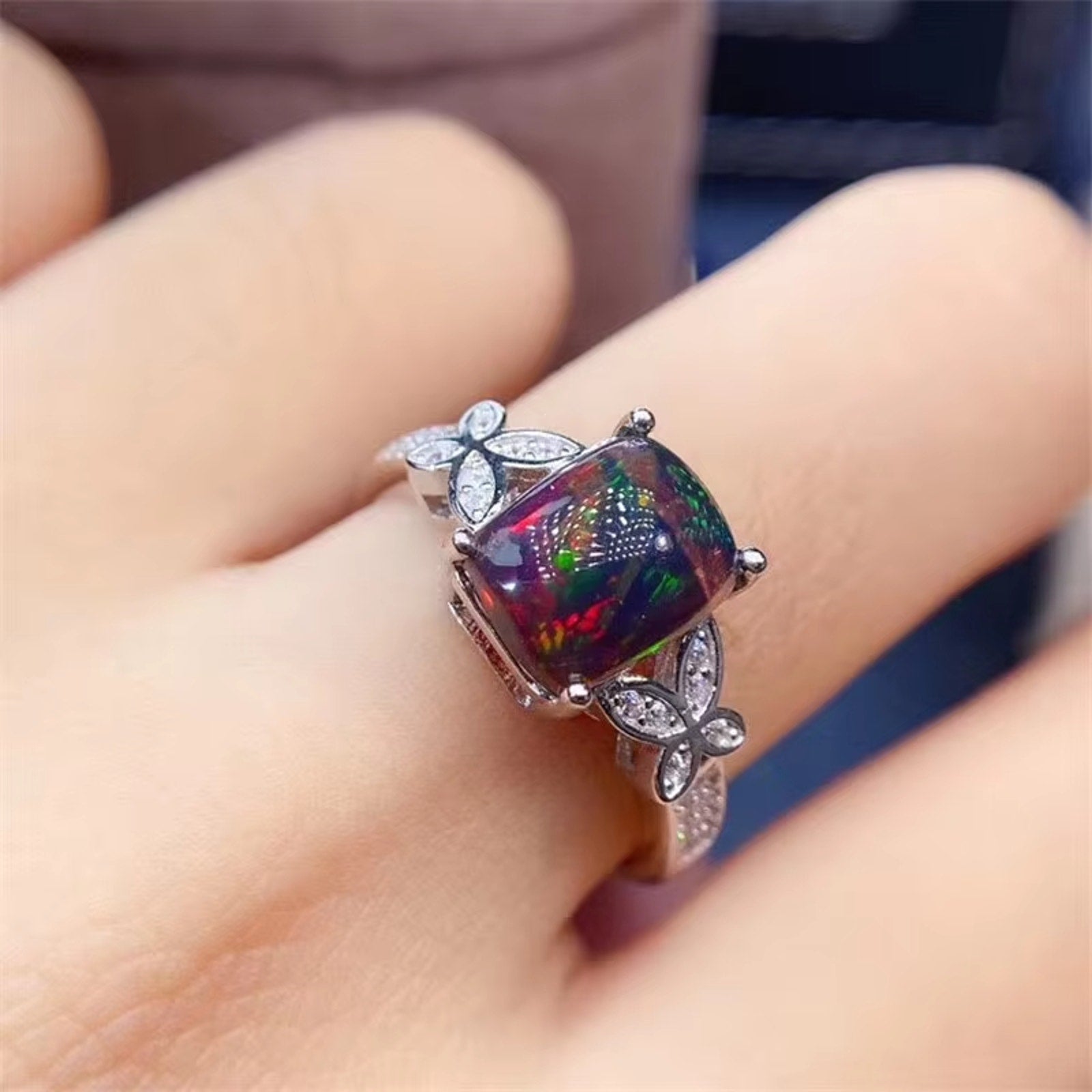 Natural Black Opal Ring, Australian Fire Opal Statement Ring Sterling Silver