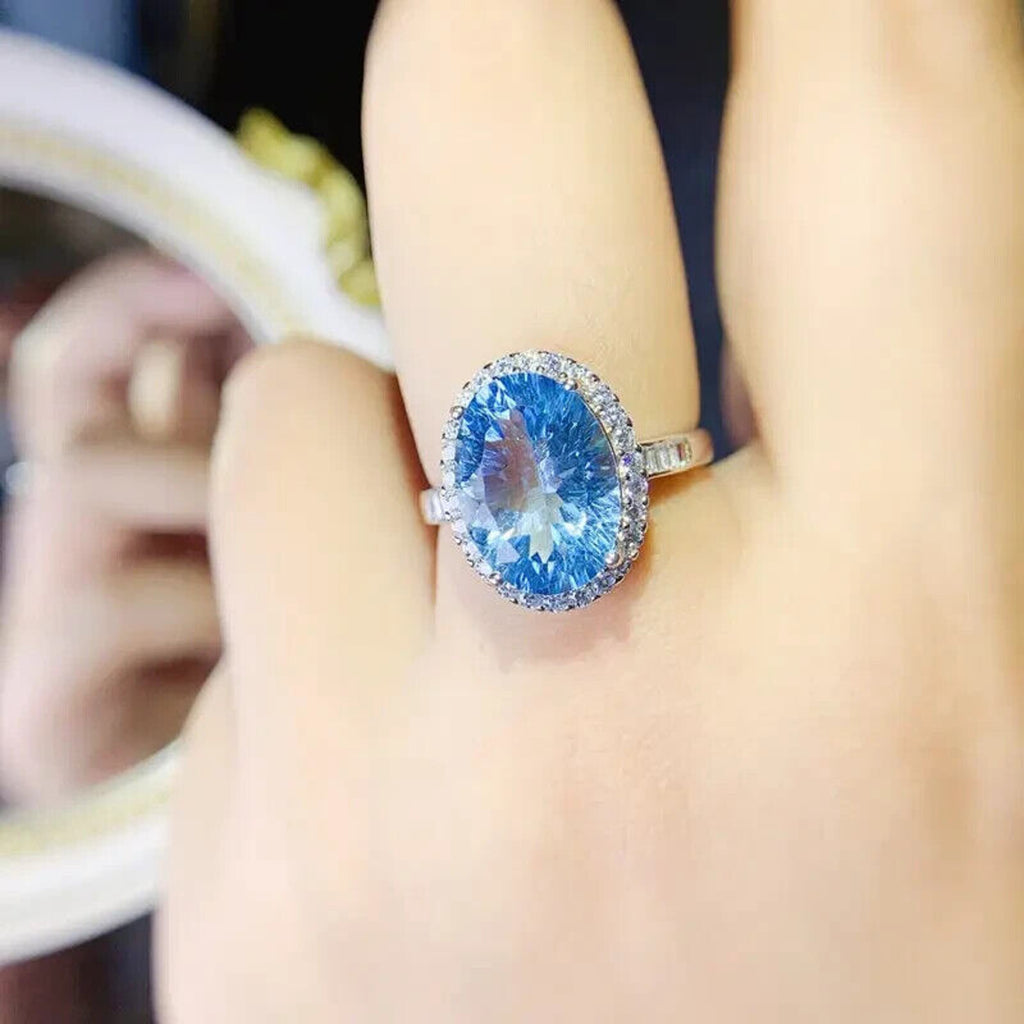 Swiss Blue Topaz Statement Ring, Natural Blue Topaz Gemstone Ring 10x14mm 9CT