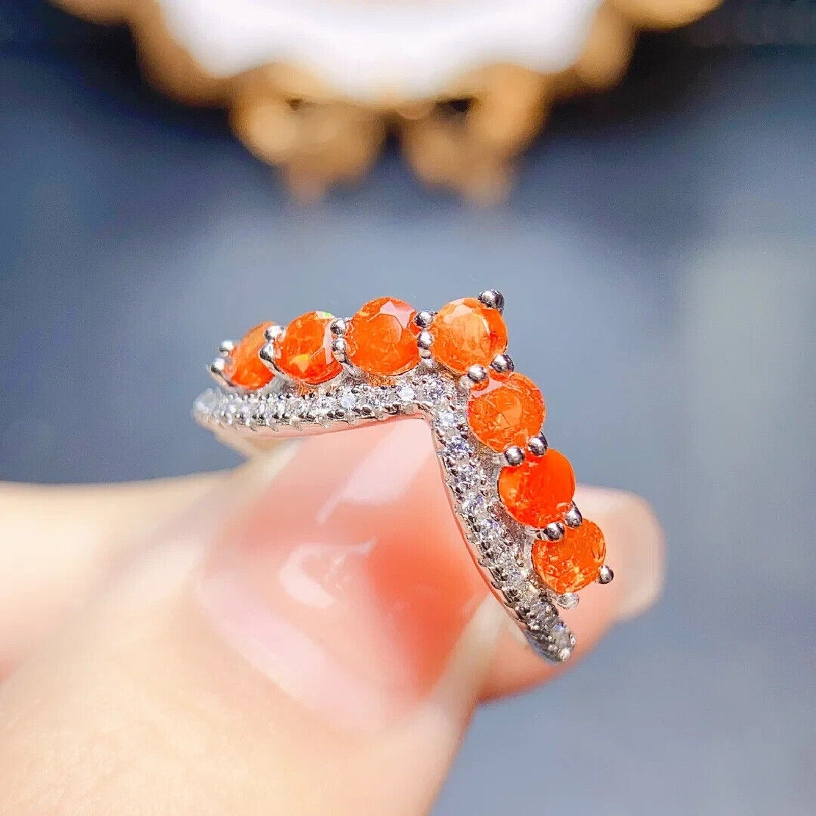 Orange Fire Opal Wedding Band Ring, Natural Orange Opal Engagement Ring