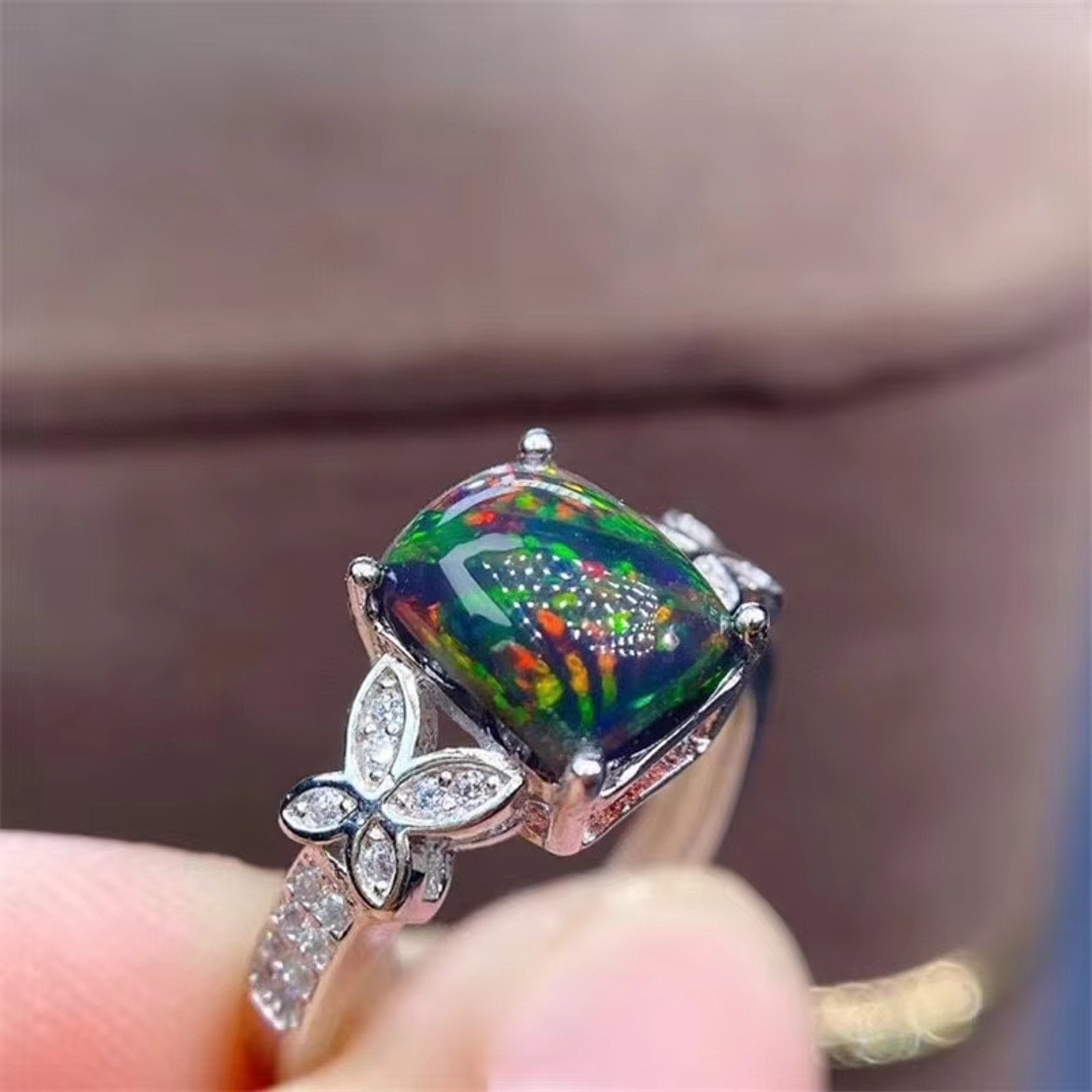 Natural Black Opal Ring, Australian Fire Opal Statement Ring Sterling Silver