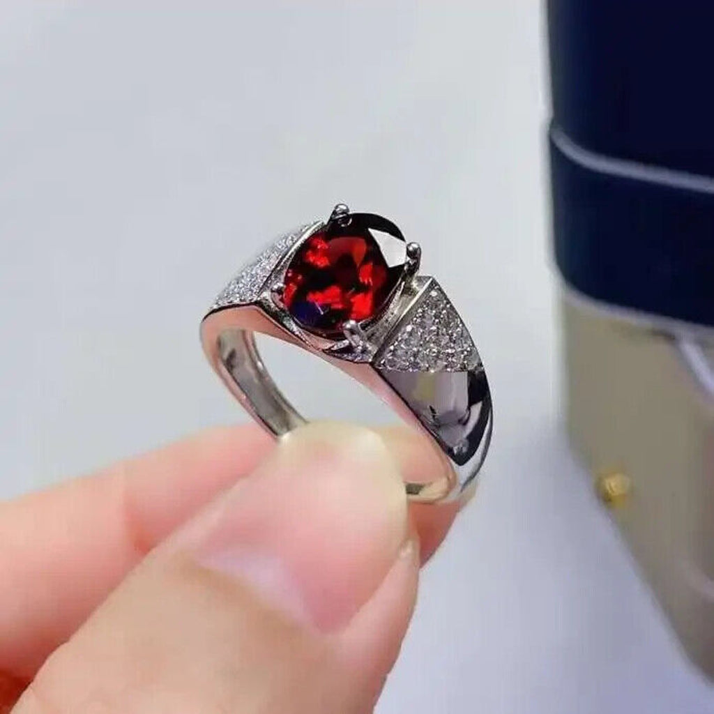 Red Garnet Mens Cocktail Ring 7x9mm Platinum Plated Sterling