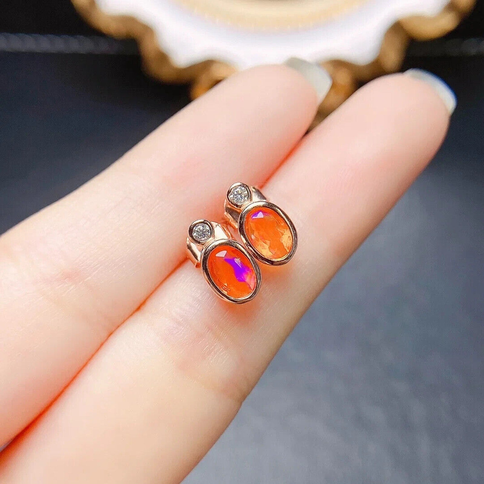 Orange Fire Opal Stud Earrings 5x7mm, Natural Orange Fire Opal Earrings