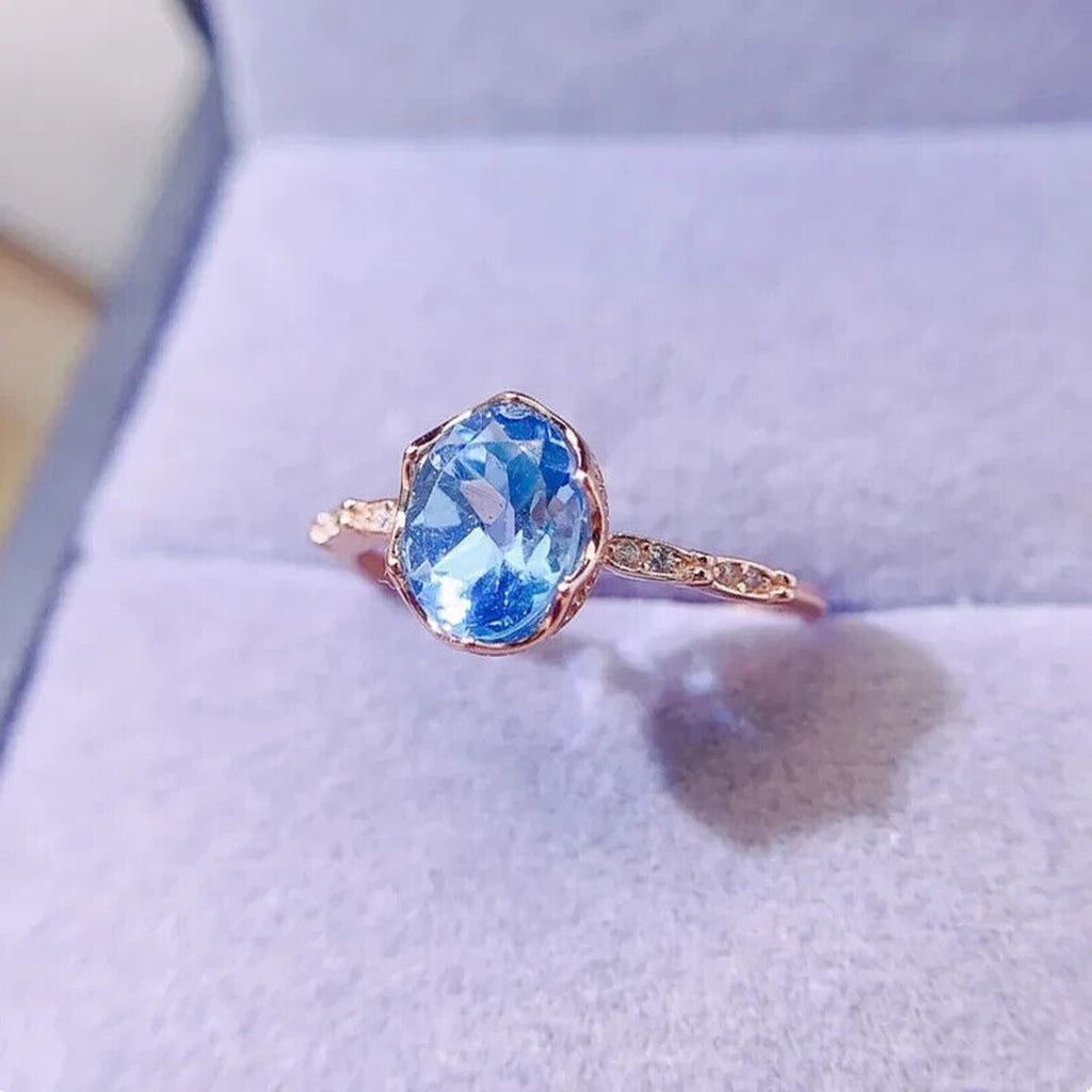 Swiss Blue Topaz Gemstone Ring, Natural Blue Topaz Ring 6x8mm 1.6CT 925 Sterling