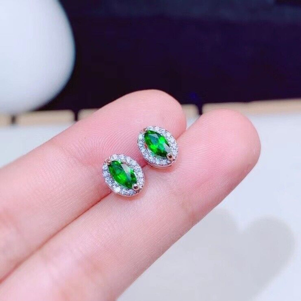 Natural Diopside Stud Earrings Platinum Plated, 3x6mm Chrome Diopside Earrings