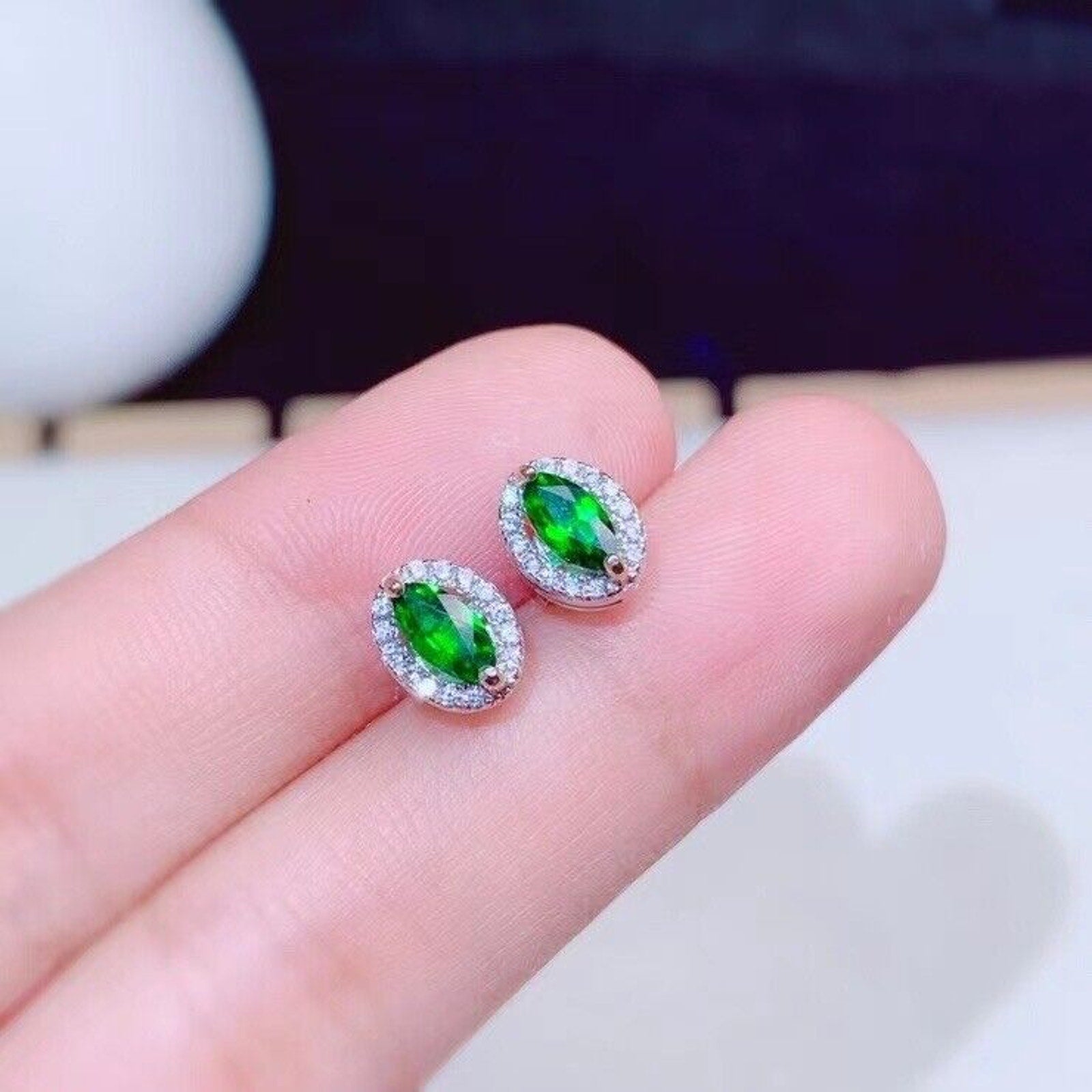 Natural Diopside Stud Earrings Platinum Plated, 3x6mm Chrome Diopside Earrings