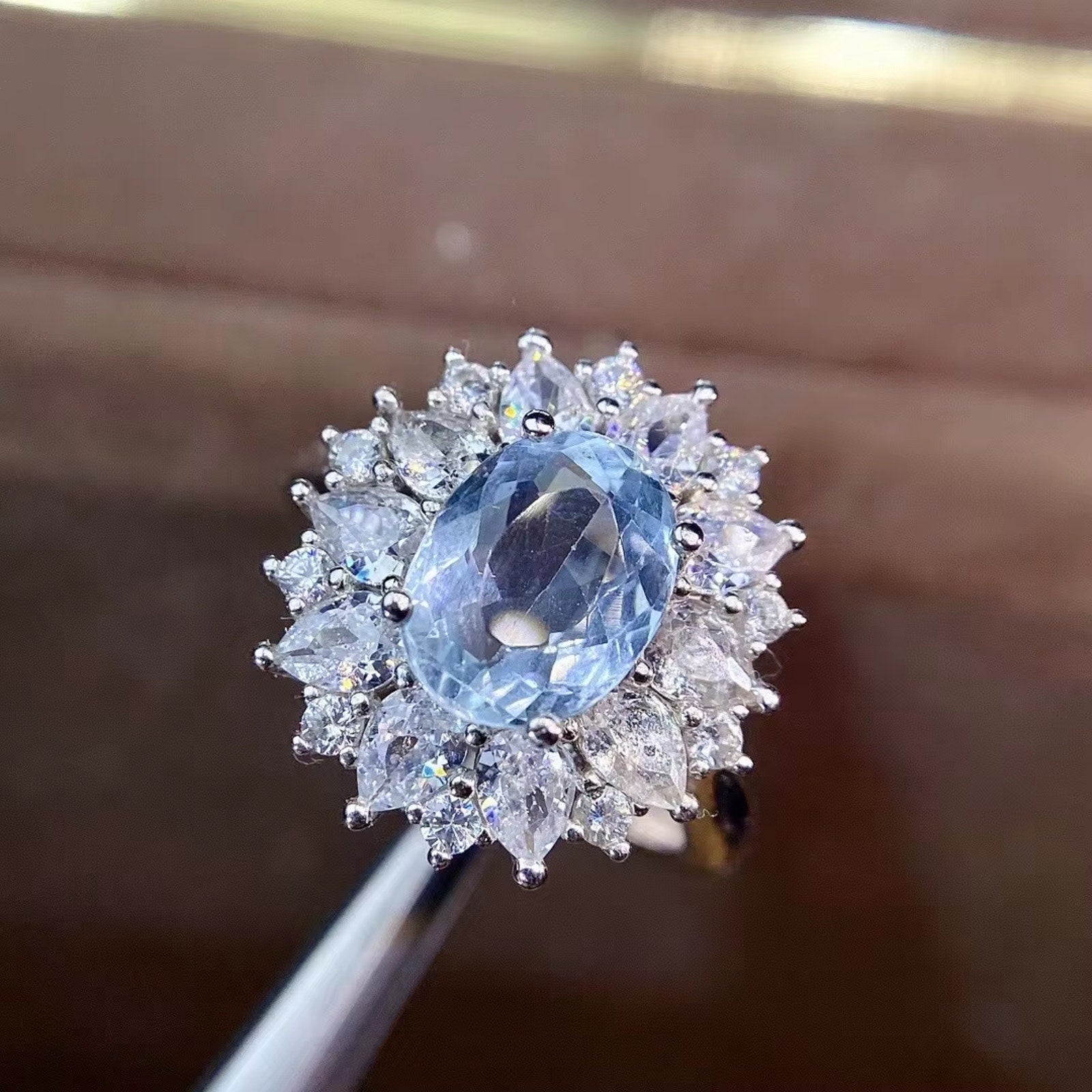 Natural Aquamarine Gemstone Ring 7x9mm, March Birthstone Aquamarine Ring