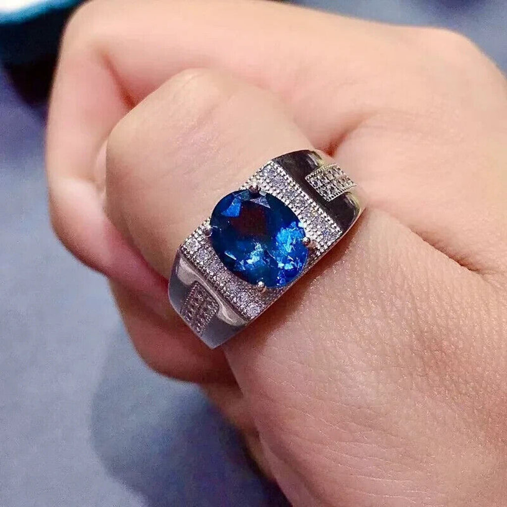 Men's London Blue Topaz Cocktail Ring, Men's Blue Gemstone Ring's Sterling