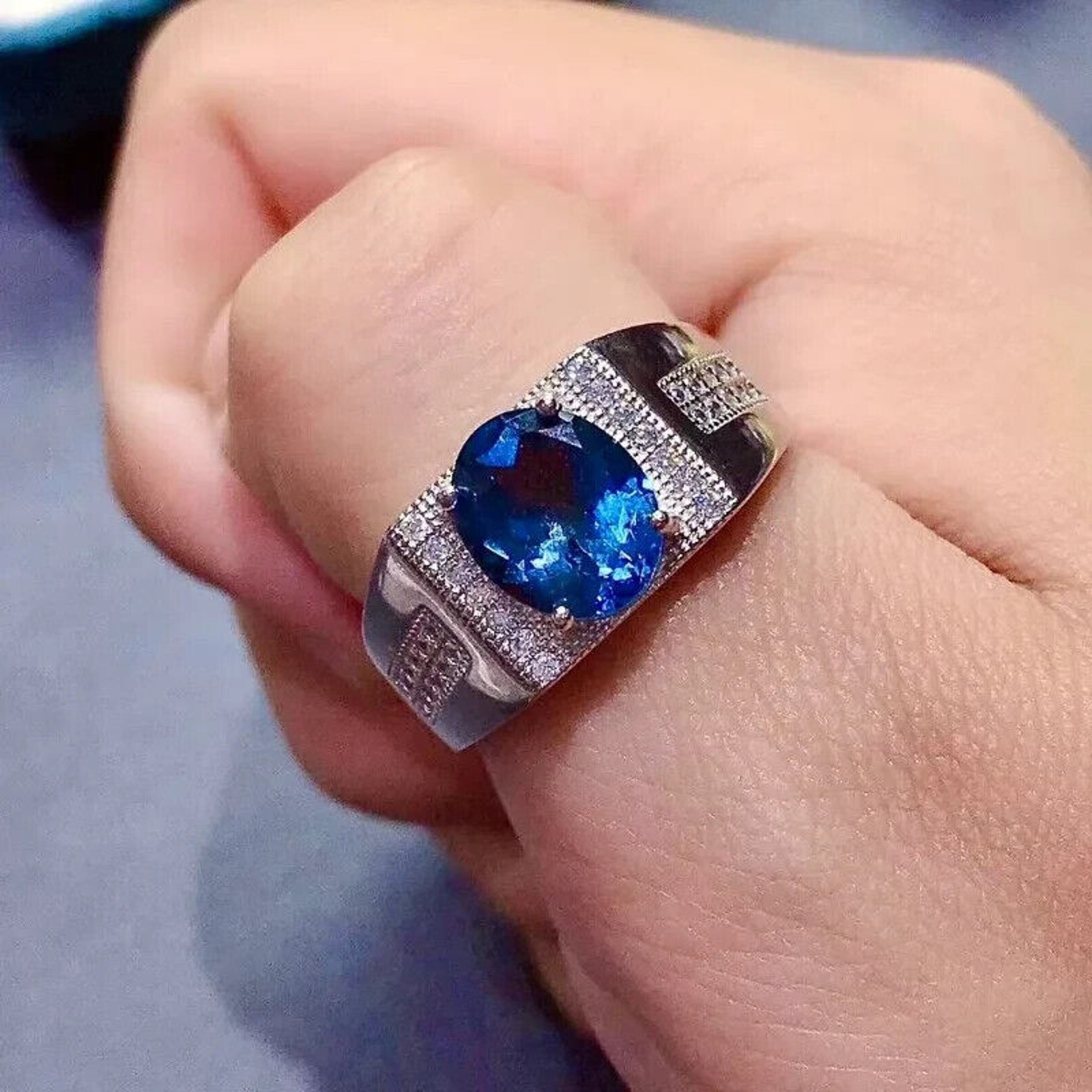 Men's London Blue Topaz Cocktail Ring, Men's Blue Gemstone Ring's Sterling