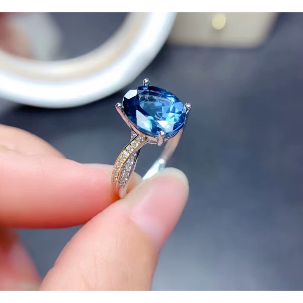 Natural London Blue Topaz Gemstone Ring 8x10mm, London Blue Topaz Ring 925