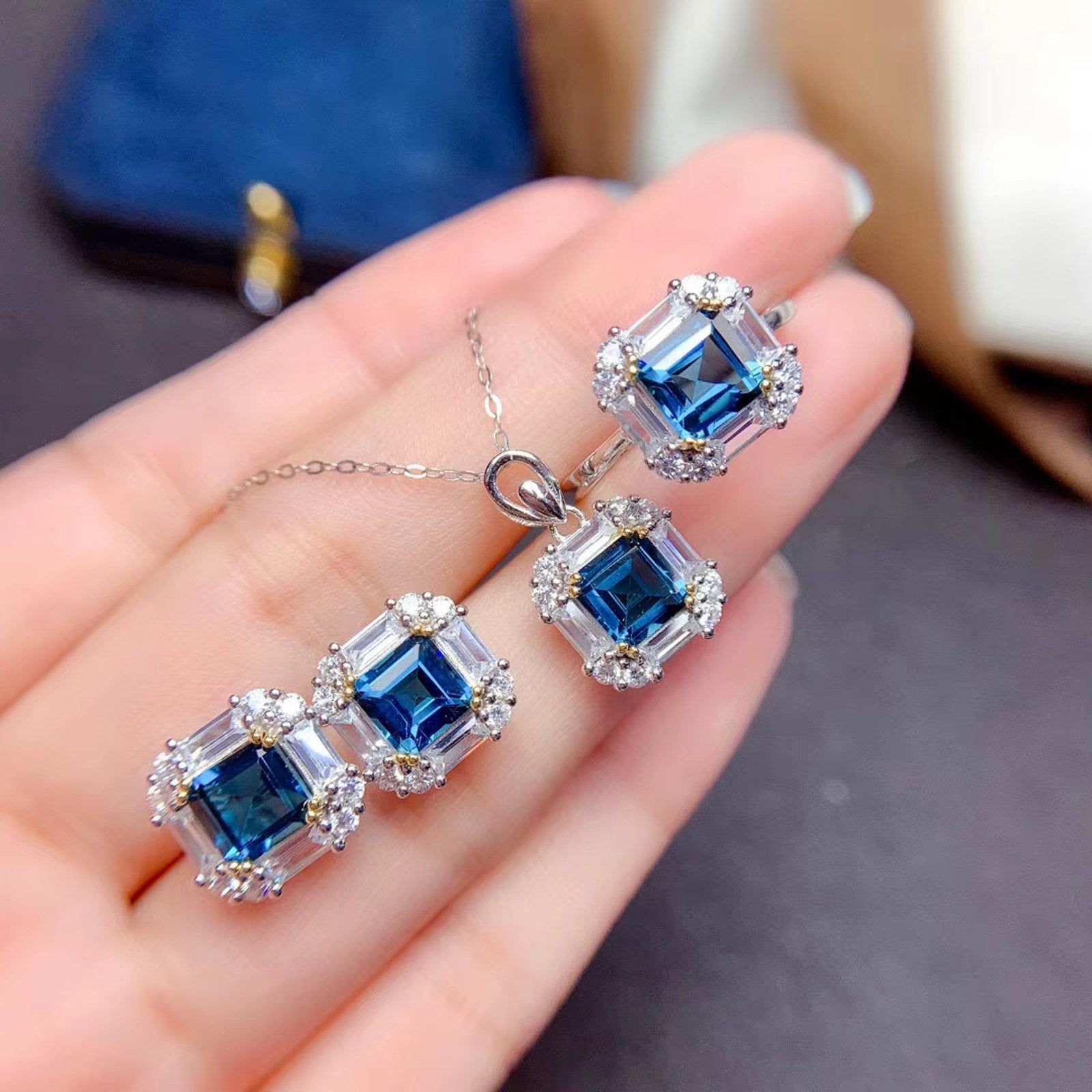 Asscher Cut London Blue Topaz Jewelry Set 925 Sterling Silver, London Blue Topaz