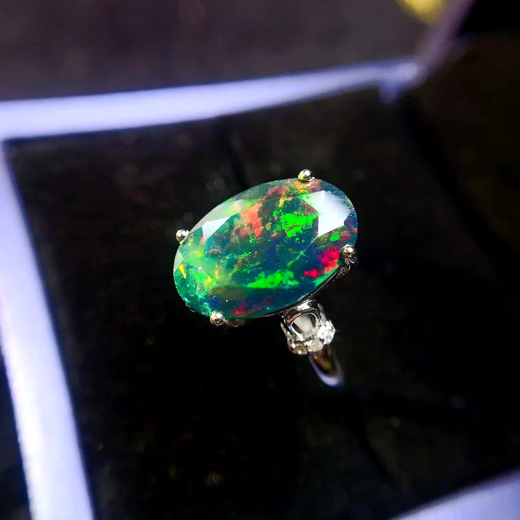Faceted Black Opal Ring, Australian Fire Opal Statement Ring Sterling Silver