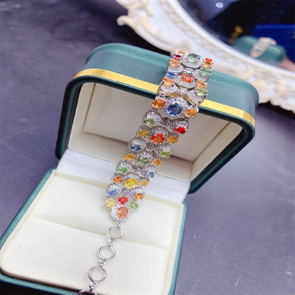 Colorful Sapphire Gemstone Tennis Bracelet, Natural Sapphire Bracelet Silver