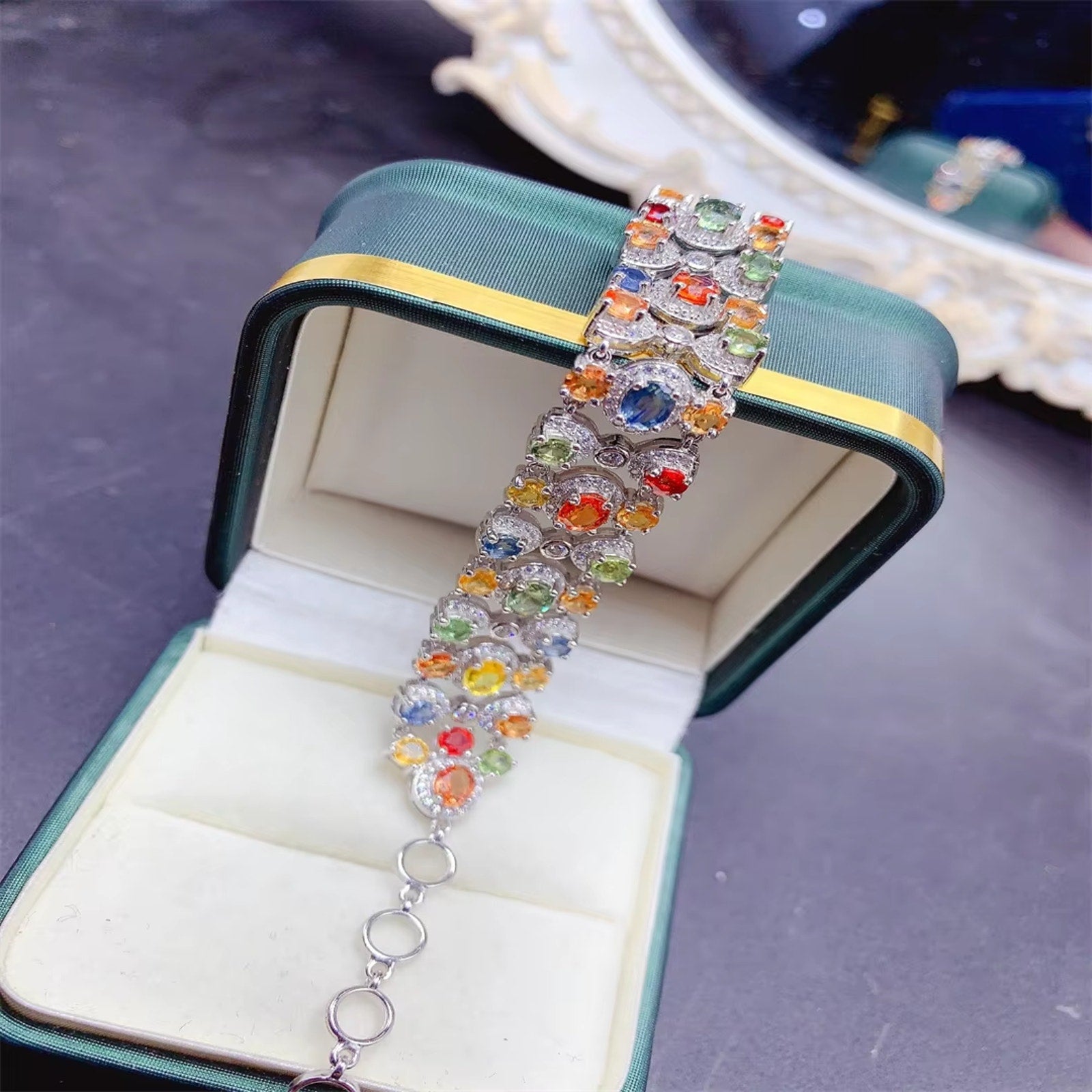 Colorful Sapphire Gemstone Tennis Bracelet, Natural Sapphire Bracelet Silver