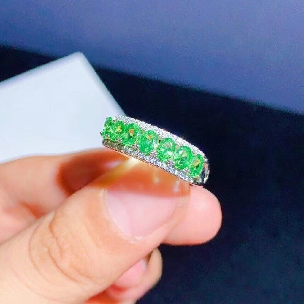 Bright Green Tsavorite Gemstone Band Ring Platinum Plated, Tsavorite Gemstone