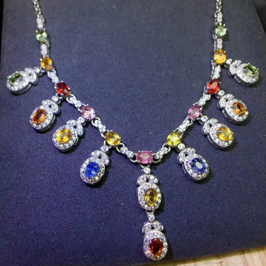 Multicolor Sapphire Gemstone Clavicle Necklace 3x4mm 925 Sterling Silver