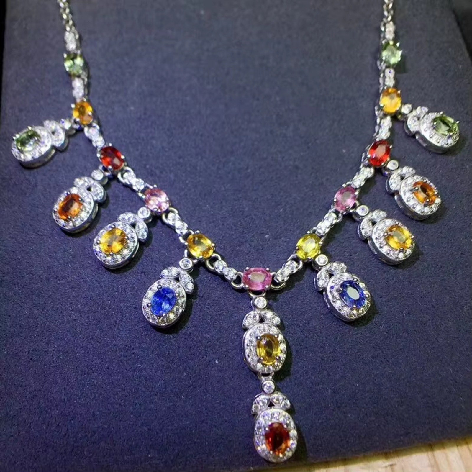 Multicolor Sapphire Gemstone Clavicle Necklace 3x4mm 925 Sterling Silver