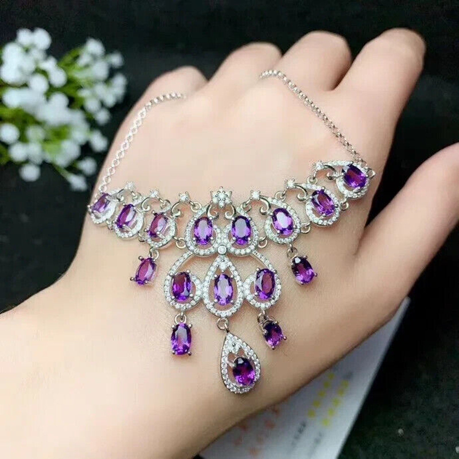 Amethyst Statement Necklace, Natural Amethyst Gemstone Necklace 925 Sterling