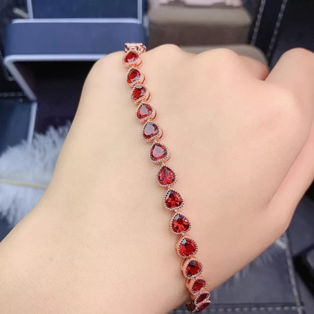 Red Garnet Gemstone Heart Bracelet 5mm 925 Sterling Silver