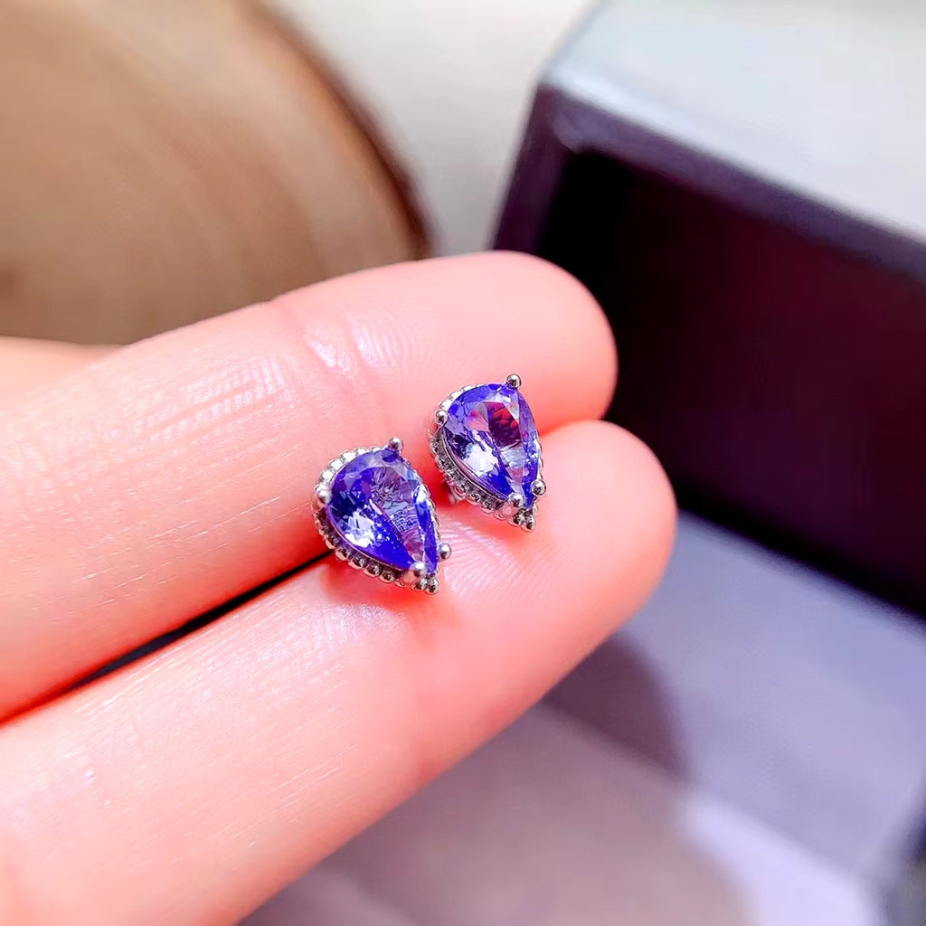 Natural Tanzanite Stud Earrings, Purple Tanzanite Pear Cut Earrings 5x7mm