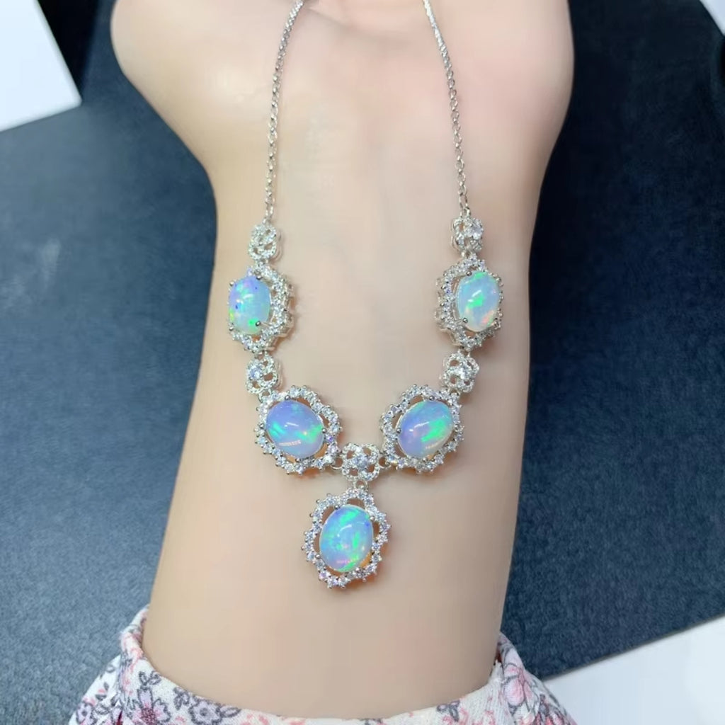 Natural Fire Opal Necklace, Women's Opal Necklace 925 Sterling Silver 7x9mm